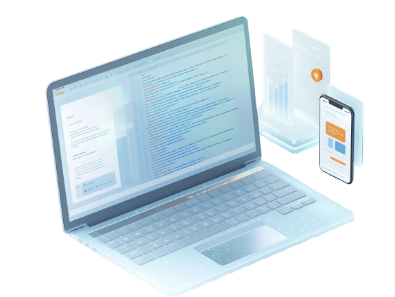 Laptop showing code editor with a mobile dashboard and analytics chart, representing Tech Mindsets software development services