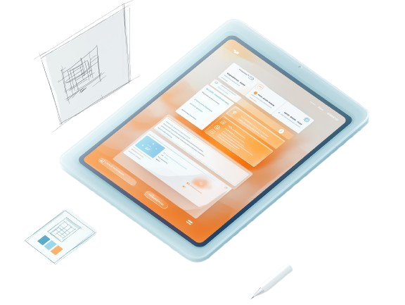 Isometric tablet showing modern UI design with wireframe sketches representing UI/UX modernization